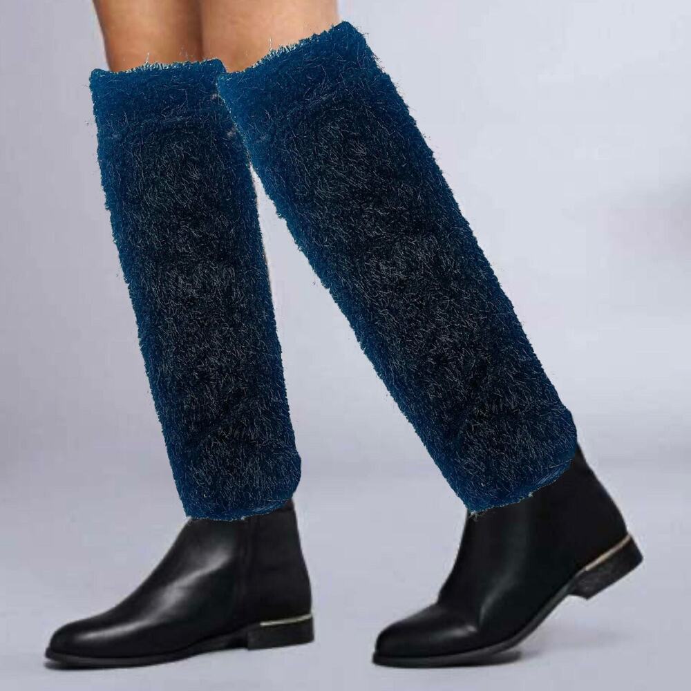 Women Color Navy Faux Fur Leg Warmer Lady Casual Boot Cover Santa Winter Warmer